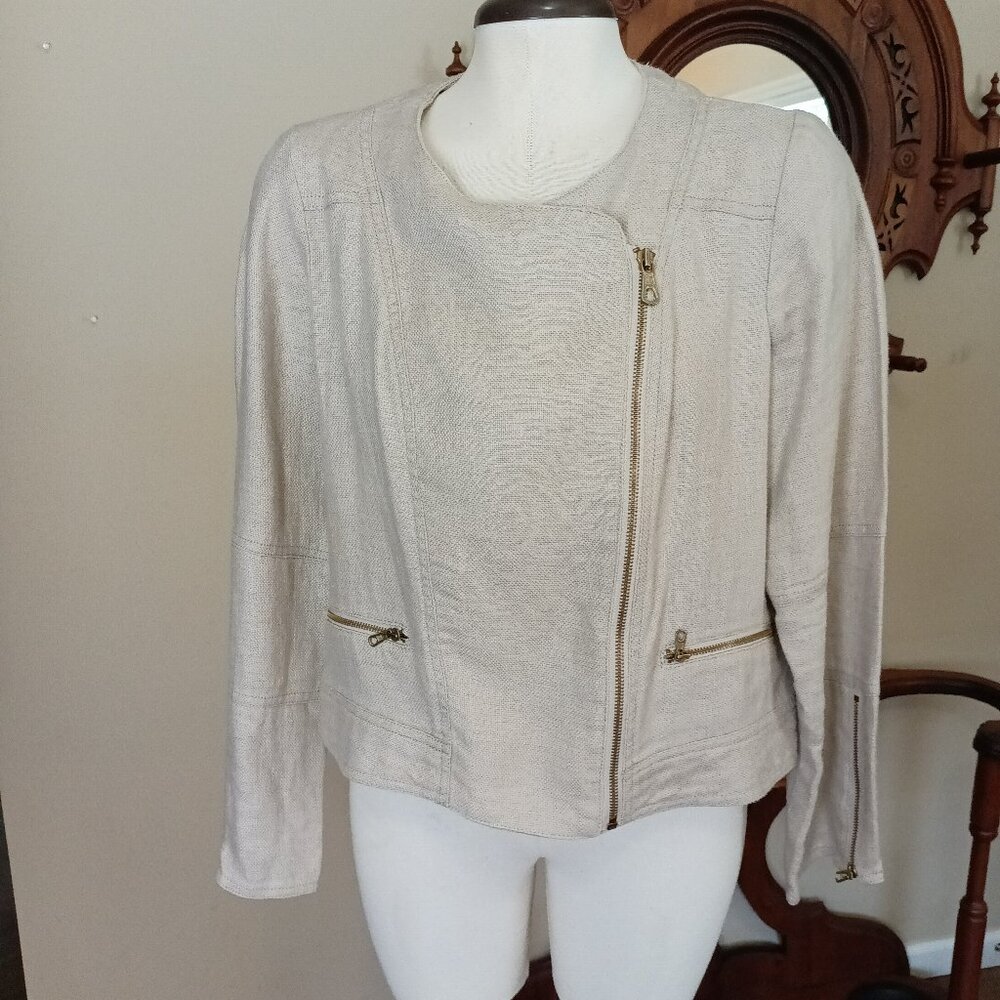 Chicos Size 0 Beige Linen Moto Jacket